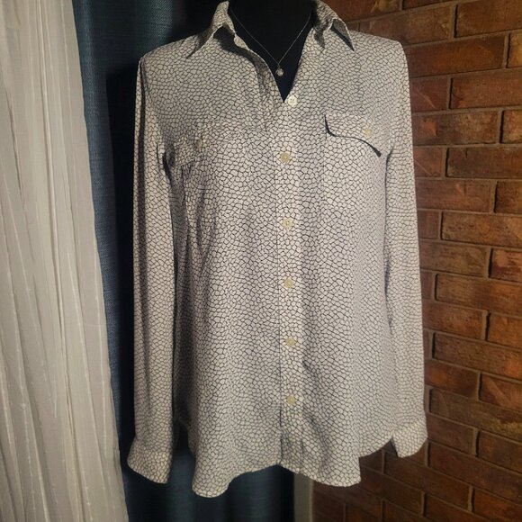 LOFT Women's White Black Abstract Print Button Up Roll Tab Sleeve Blouse - Sz - Picture 2 of 11